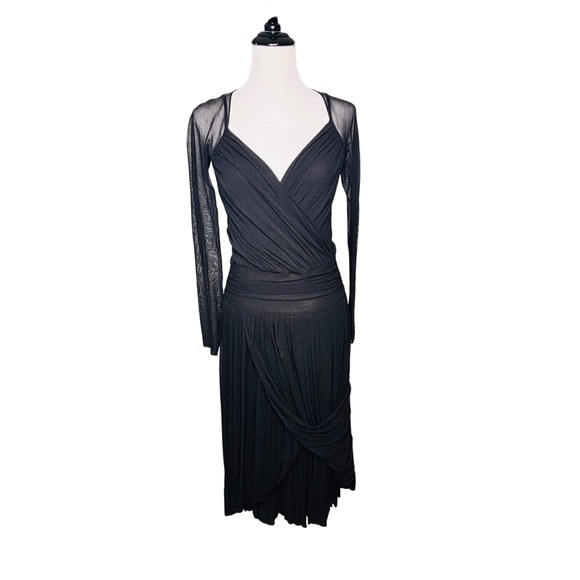 90s Y2K Fuzzi Mesh Dress Size L Black Sheer Sleeve Ruched Stretch Midi Quality - Picture 1 of 15